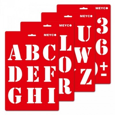 Conjunto de réguas stencil MEYCO vermelhas com letras, números e símbolos