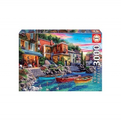 Caixa de puzzle EDUCA com imagem de cidade costeira e barcos, 3000 peças.