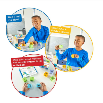 Criança a jogar com dados coloridos numerados e sinais matemáticos numa atividade educativa.