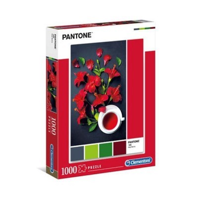Caixa de puzzle Clementoni Pantone com 1000 peças, imagem de flores vermelhas e chávena branca com líquido vermelho.