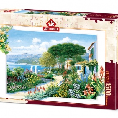 Caixa de puzzle ART PUZZLE com paisagem mediterrânica de jardim e mar