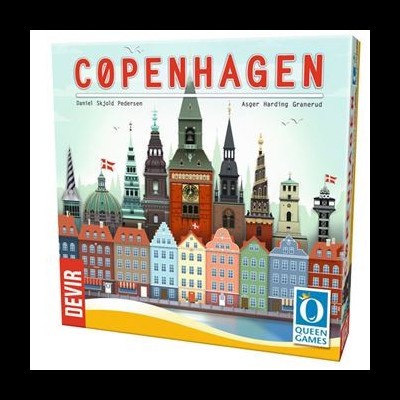 Embalagem do jogo de tabuleiro Copenhagen com ilustração de fachadas e torres de edifícios