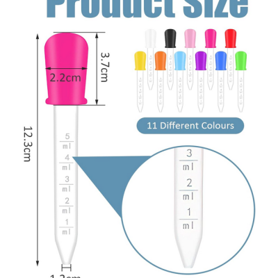 Conta-gotas de plástico transparente com tampa rosa e escala de medição, várias tampas coloridas ao fundo.