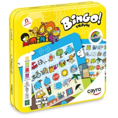 Caixa metálica amarela do jogo Bingo! Travel com ícones de viagem coloridos