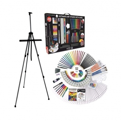 Conjunto artístico Ultimate Art Studio com cavalete e materiais de pintura organizados em leque
