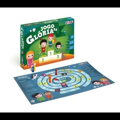 Jogo da Glória com caixa verde, peças coloridas e tabuleiro com percurso em espiral