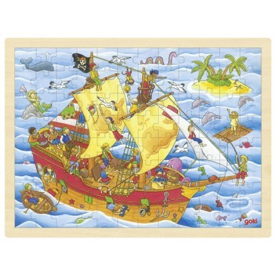 Puzzle de madeira com imagem de navio pirata colorido no mar e ilha ao fundo