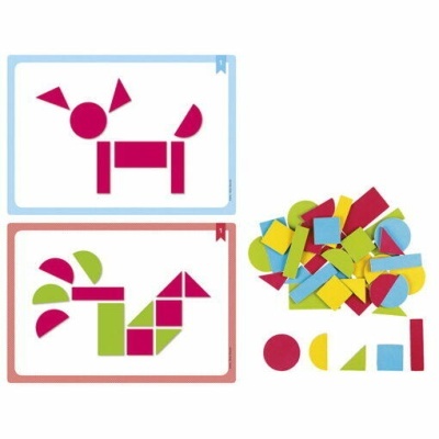 Peças geométricas de espuma coloridas com cartões de modelos para montar figuras de animais