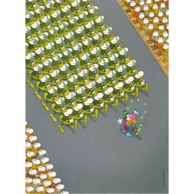 Ilustração com figuras verdes organizadas e uma figura colorida ao centro com flores