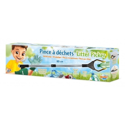 Caixa colorida de lixeira com pinça preta e luvas verdes, com texto Pince à déchets e Litter Picker.