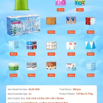 conjunto de blocos magnéticos Glacier Castle com 150 peças em várias cores e bolsa verde