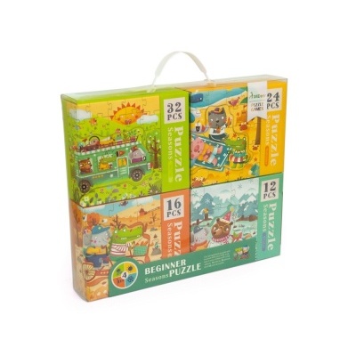 Conjunto de puzzles para principiantes com quatro caixas coloridas e ilustrações de animais e natureza.