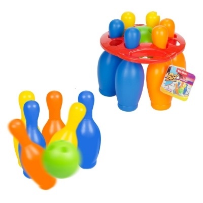 Jogo de bowling infantil colorido em plástico com pinos, bola e suporte.