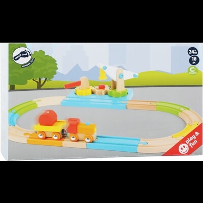 Conjunto de comboio de madeira com carris coloridos e grua