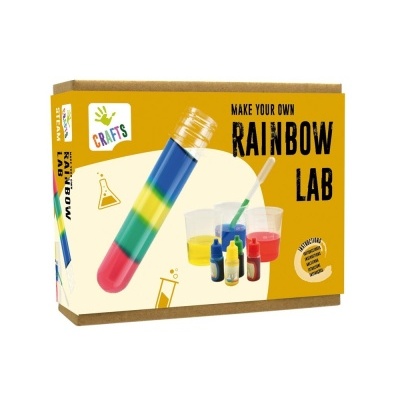 Kit de laboratório para criar arco-íris com cores em tubo de ensaio e embalagem amarela