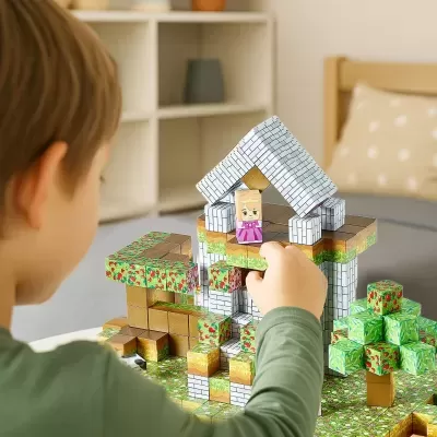 Bonecos de blocos de construção coloridos com padrões de tijolos e plantas, com uma criança a brincar