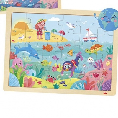 Puzzle de madeira com uma cena marinha colorida e personagens divertidos