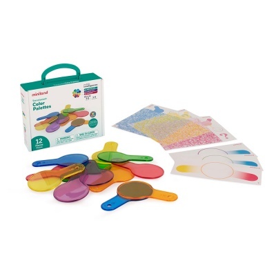Jogo de paletas coloridas com 12 unidades e cartões coloridos junto à caixa de embalagem da marca miniland