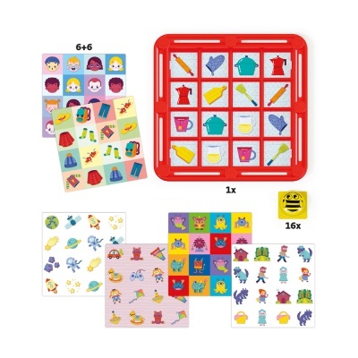 Jogo de tabuleiro educativo com tabuleiro vermelho e cartelas coloridas