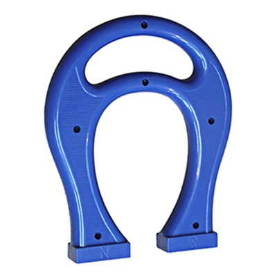 Imã azul em formato de ferradura com polos N e S