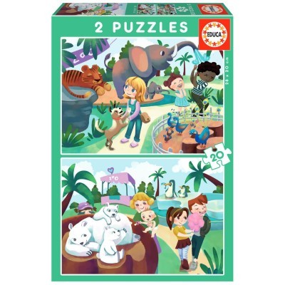 Caixa verde com 2 puzzles de 20 peças da EDUCA com ilustrações de animais e crianças
