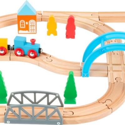 Conjunto de comboio de madeira com carril, comboio, ponte, arco, figuras e árvores