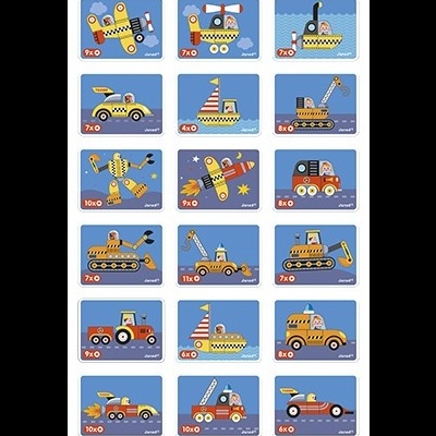 Cartões com ilustrações de veículos de construção e transporte com peças encaixáveis coloridas