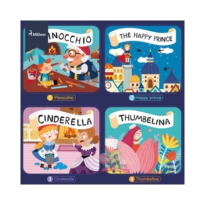 Capas coloridas de livros infantis com os títulos Pinocchio, The Happy Prince, Cinderella e Thumbelina