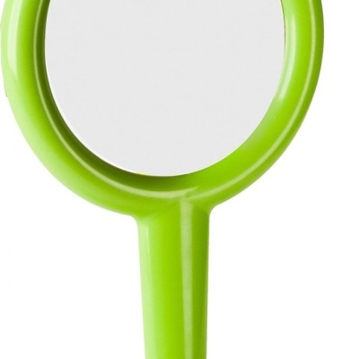 Espelho pequeno redondo com estrutura verde e base oval para suporte.