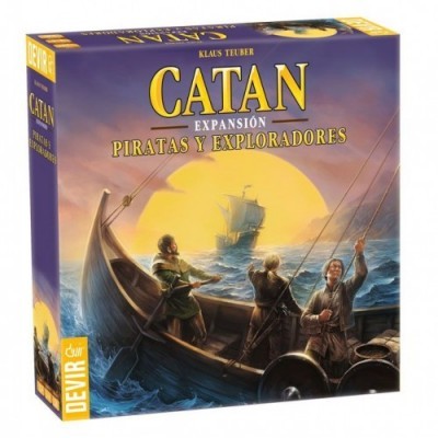 Caixa do jogo Catan expansão Piratas e Exploradores com ilustração de piratas no mar