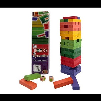 Jogo de torre de blocos de madeira coloridos com embalagem e dados.