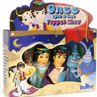 Conjunto de marionetes de três personagens em caixa colorida