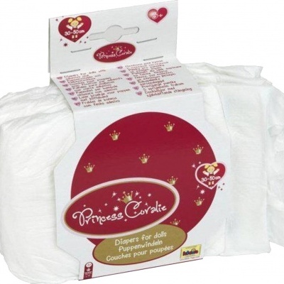 Fralda branca para bonecas com embalagem branca e vermelha com texto Princess Coralie