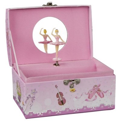 Caixa de música cor-de-rosa com bailarinas giratórias e espelho interior