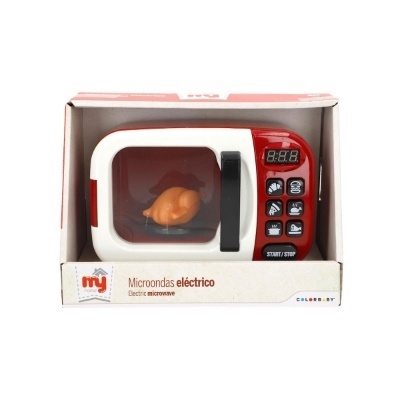 Micro-ondas elétrico de brinquedo branco e vermelho com frango dentro e painel digital