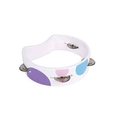 Pandeireta branca com manchas coloridas e lâminas metálicas