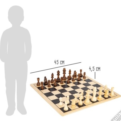Tabuleiro de xadrez de madeira com peças castanhas e brancas, dimensões 45 cm por 4,5 cm.