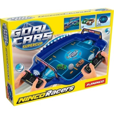 Jogo Goal Cars SuperCup NINCO Racers com tabuleiro azul, carros verdes e laranja e telecomandas