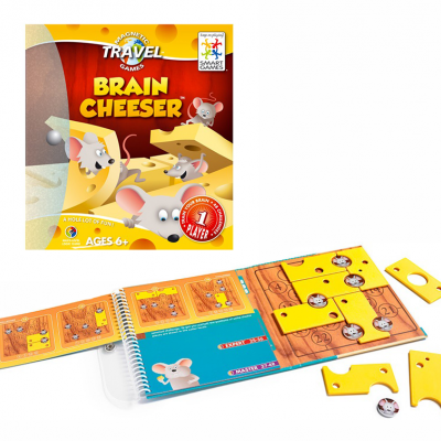 Jogo de tabuleiro Brain Cheeser com tema rato e queijo, peças amarelas e embalagem colorida