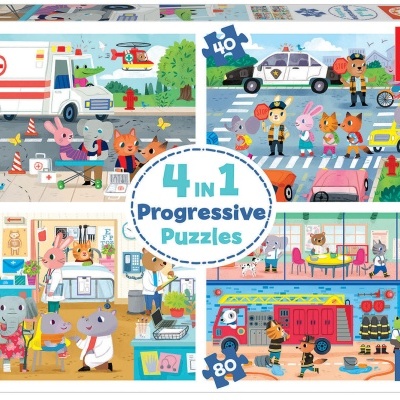 Embalagem com 4 puzzles progressivos ilustrando serviços de emergência com personagens animais coloridos.