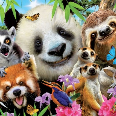 Animais variados incluindo panda, lêmure, preguiça, suricatos, cachorro vermelho e rato pequenos entre flores e borboletas.
