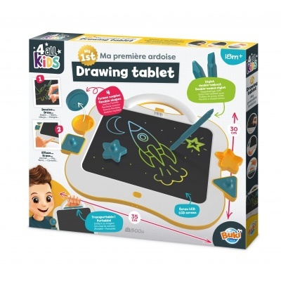 Caixa colorida com tablet de desenho para crianças e acessórios