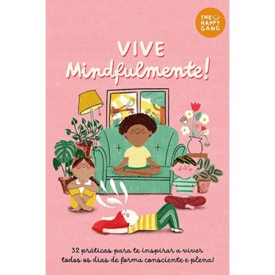 Capa de livro rosa com título Vive Mindfulmente e ilustração de três pessoas a meditar