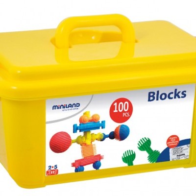 Caixa amarela de blocos de construção para crianças, com tampa e rótulo colorido
