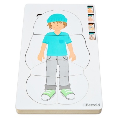 Puzzle de madeira com camadas do corpo humano de um menino ilustrado.