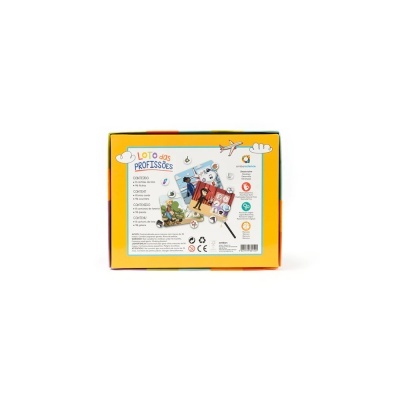 Caixa de jogo educativo Loto das Profissões com fundo amarelo e texto em várias línguas