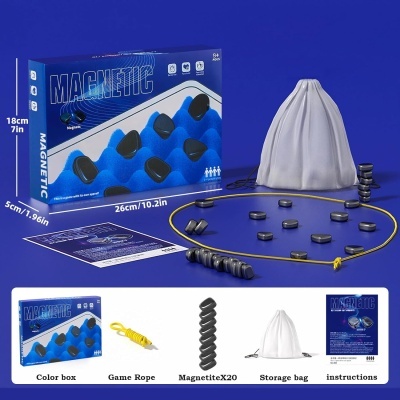 Conjunto magnético com 20 peças torcidas, corda amarela, saco cinzento, instruções e caixa azul