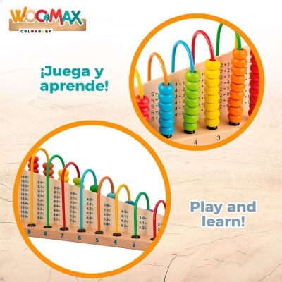 Brinquedo educativo em madeira com contas coloridas e operações matemáticas impressas.