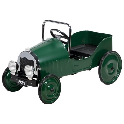 Carro de brinquedo verde vintage com volante e placa 1939