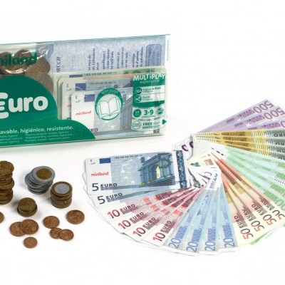 Notas e moedas Euro arrumadas junto a estojo plástico transparente com texto 'Euro'.